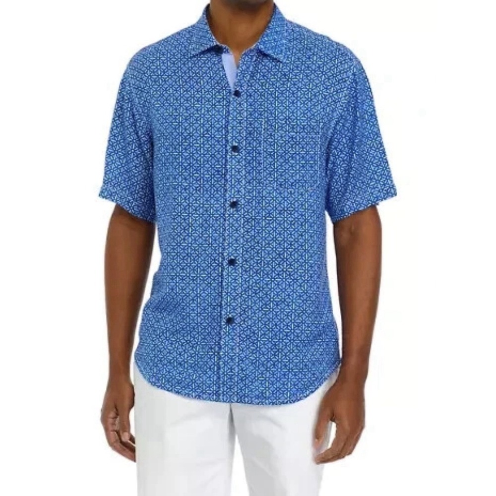 Tommy Bahama Veracruz Cay Rio Geo Mens L Blue Geometric Camp Hawaiian Shirt